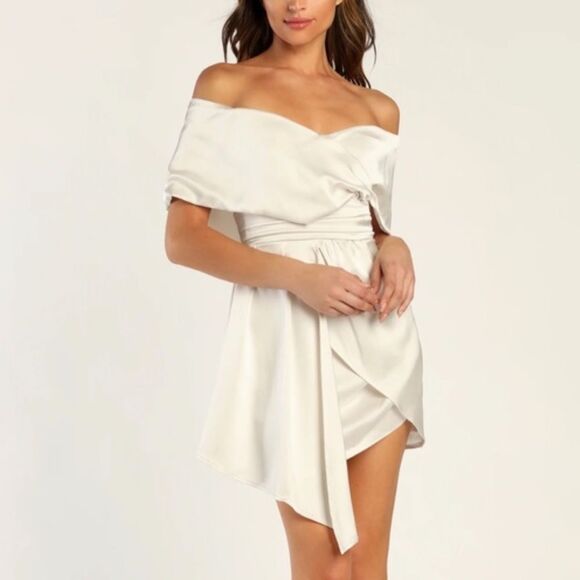 Lulus Dresses & Skirts - Lulus Always Celebrating Ivory Satin Off The Shoulder Mini Dress Size Small